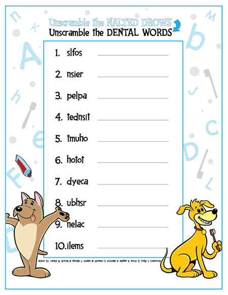 Unscramble the Dental Words Activity Sheet - Pediatric Dentist in Portage, MI